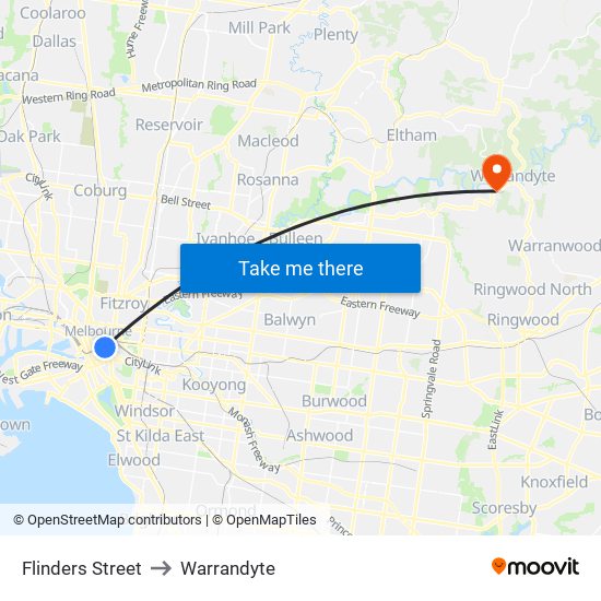 Flinders Street to Warrandyte map