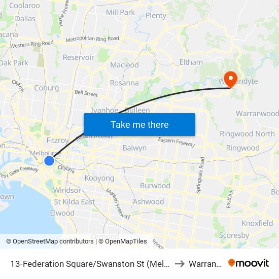 13-Federation Square/Swanston St (Melbourne City) to Warrandyte map