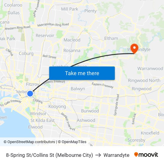 8-Spring St/Collins St (Melbourne City) to Warrandyte map