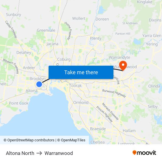 Altona North to Warranwood map