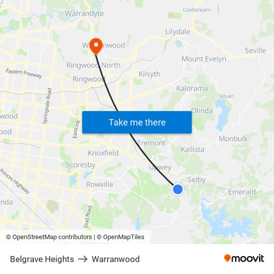 Belgrave Heights to Warranwood map