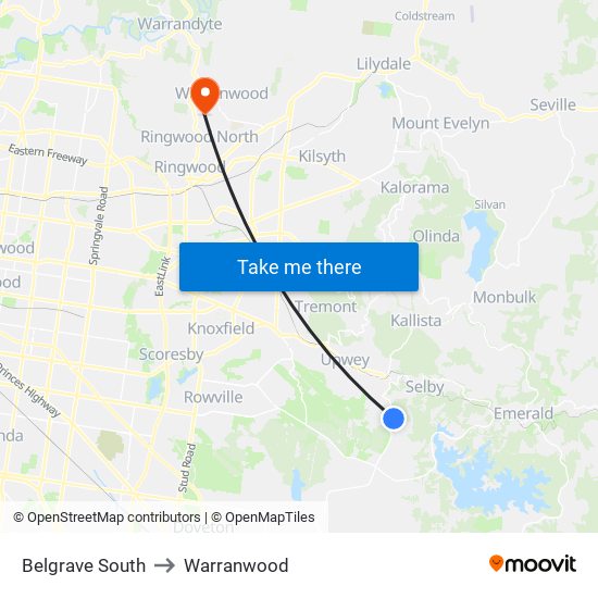 Belgrave South to Warranwood map