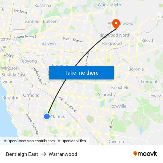 Bentleigh East to Warranwood map