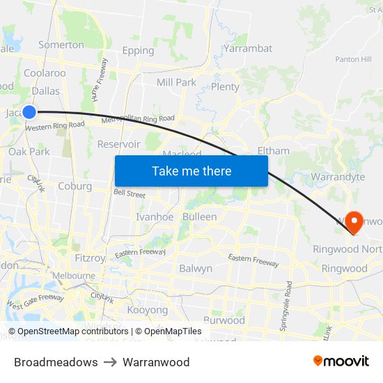 Broadmeadows to Warranwood map