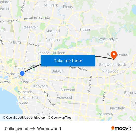 Collingwood to Warranwood map