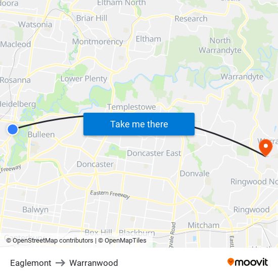 Eaglemont to Warranwood map