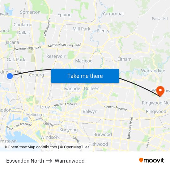 Essendon North to Warranwood map