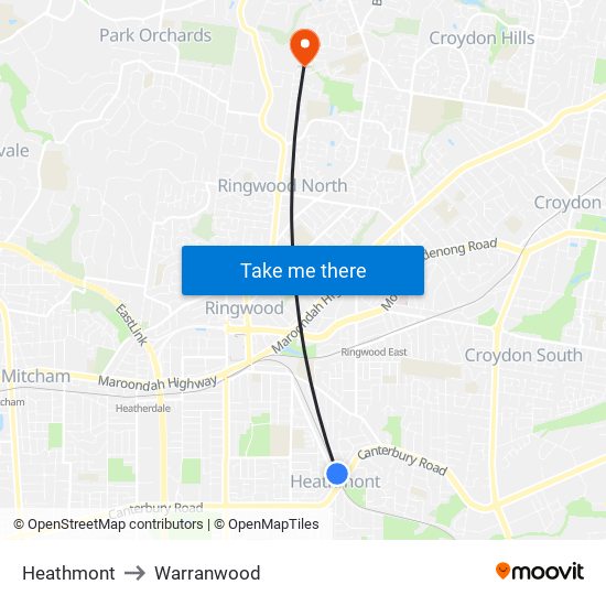 Heathmont to Warranwood map