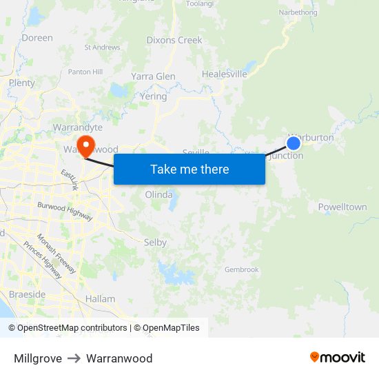 Millgrove to Warranwood map