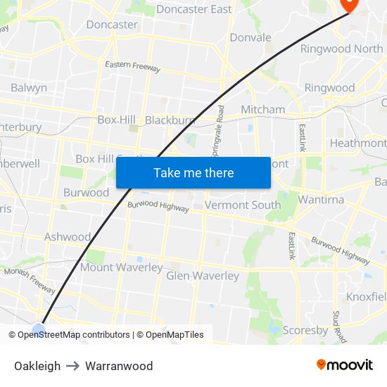 Oakleigh to Warranwood map