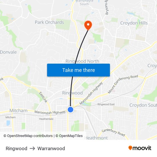 Ringwood to Warranwood map