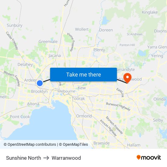 Sunshine North to Warranwood map