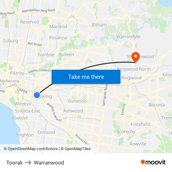 Toorak to Warranwood map