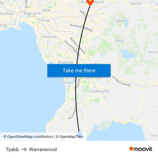 Tyabb to Warranwood map