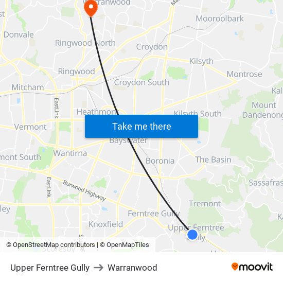 Upper Ferntree Gully to Warranwood map