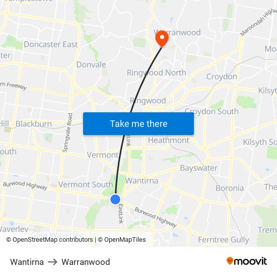 Wantirna to Warranwood map