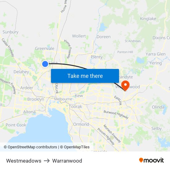 Westmeadows to Warranwood map