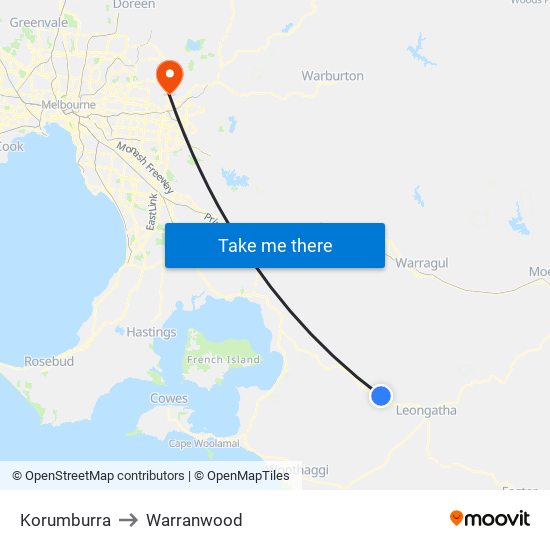 Korumburra to Warranwood map
