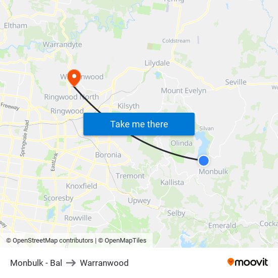 Monbulk - Bal to Warranwood map