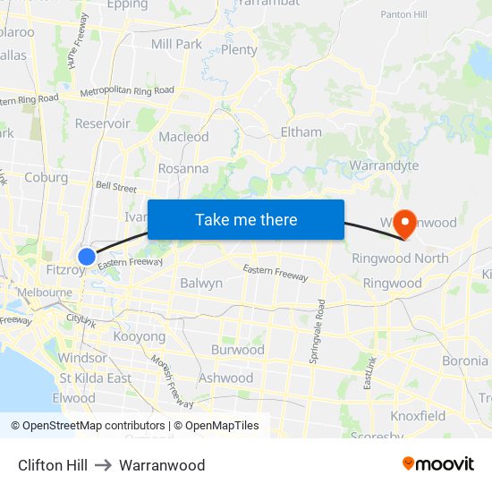 Clifton Hill to Warranwood map