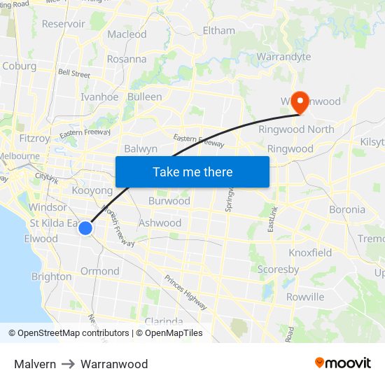 Malvern to Warranwood map