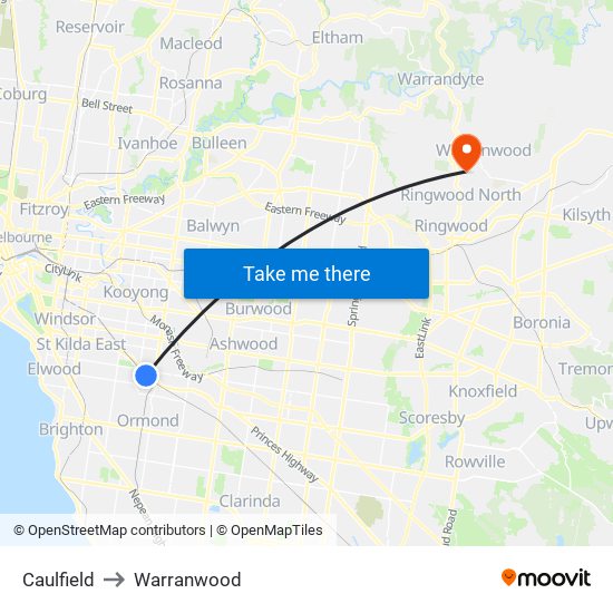 Caulfield to Warranwood map