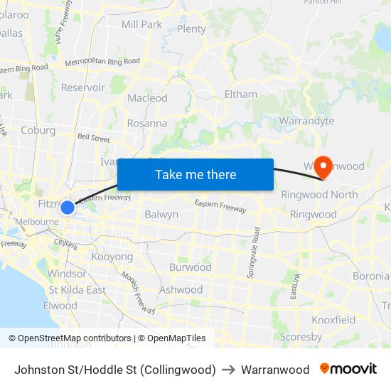 Johnston St/Hoddle St (Collingwood) to Warranwood map