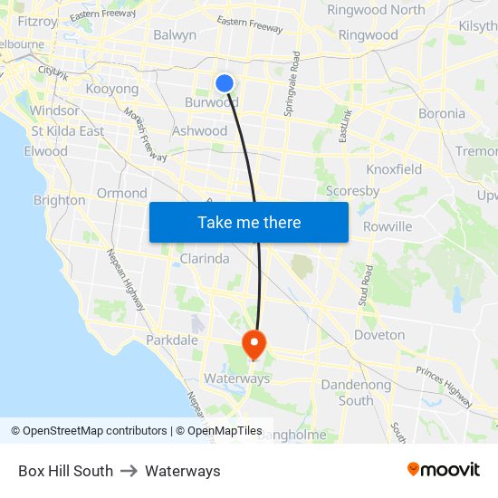 Box Hill South to Waterways map