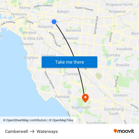 Camberwell to Waterways map