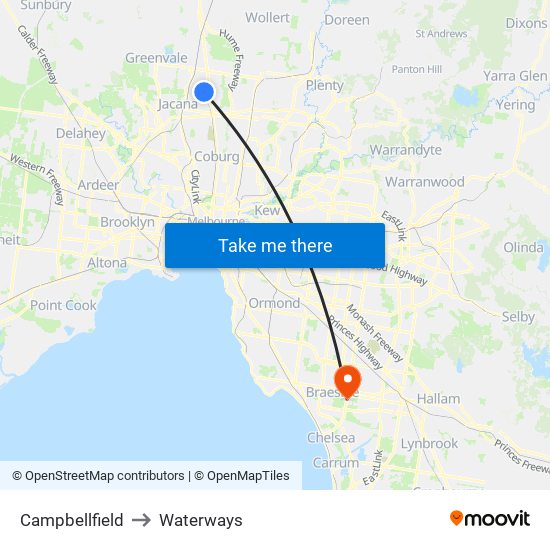Campbellfield to Waterways map
