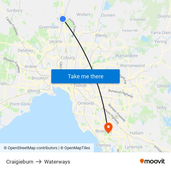 Craigieburn to Waterways map