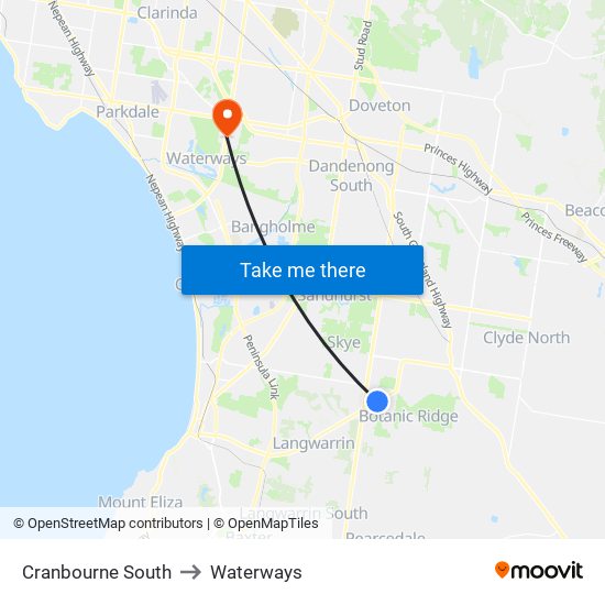 Cranbourne South to Waterways map