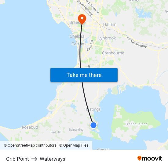 Crib Point to Waterways map