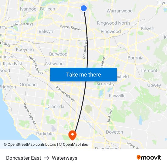 Doncaster East to Waterways map