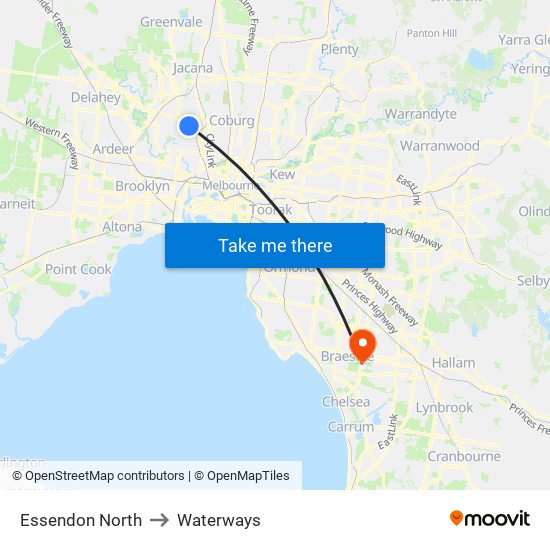 Essendon North to Waterways map