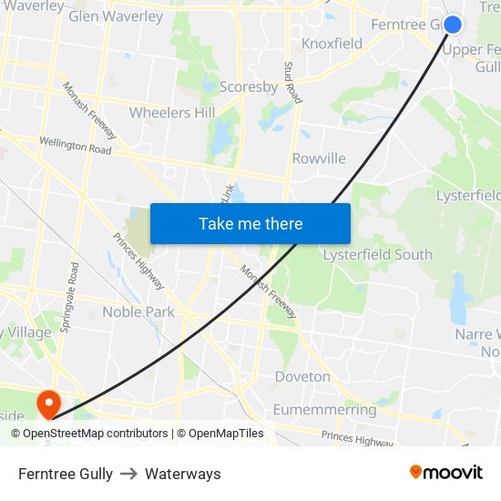 Ferntree Gully to Waterways map