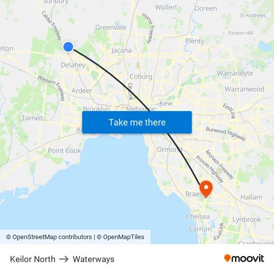 Keilor North to Waterways map