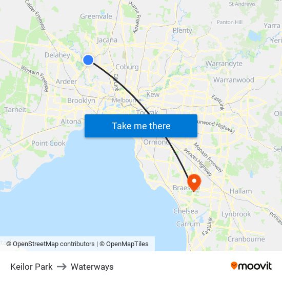 Keilor Park to Waterways map