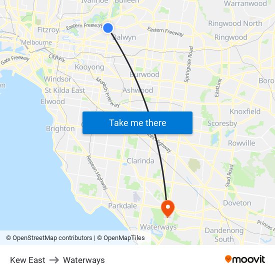 Kew East to Waterways map