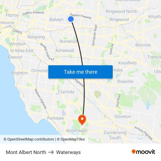 Mont Albert North to Waterways map