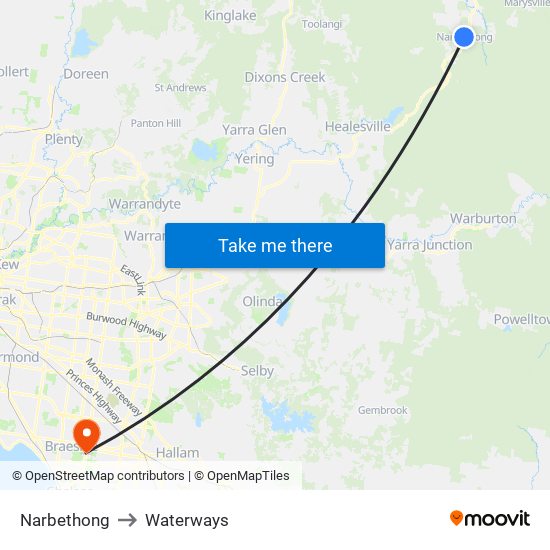 Narbethong to Waterways map