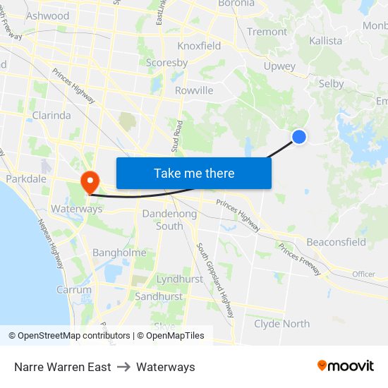 Narre Warren East to Waterways map