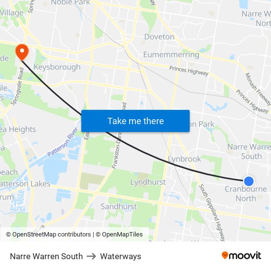 Narre Warren South to Waterways map