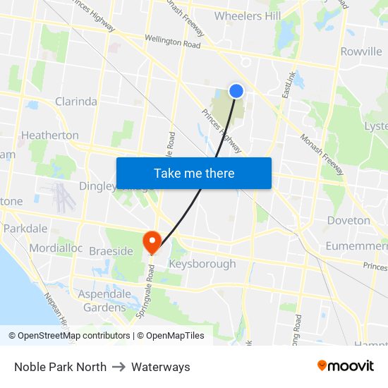 Noble Park North to Waterways map