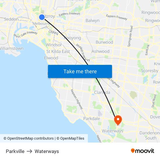 Parkville to Waterways map