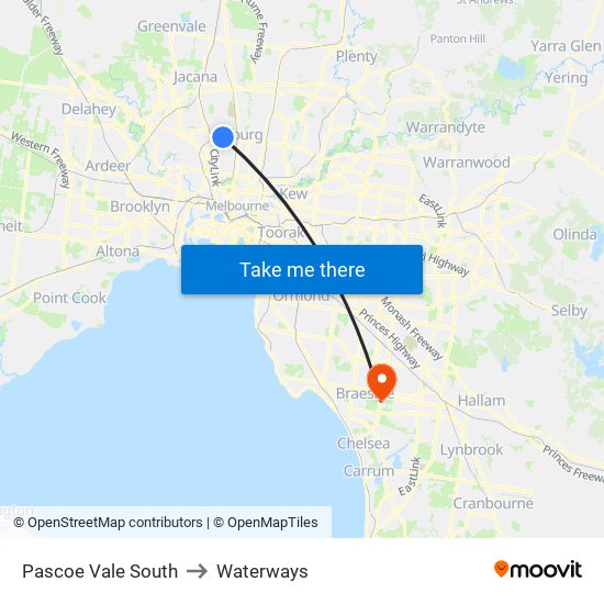 Pascoe Vale South to Waterways map