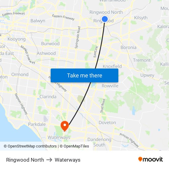 Ringwood North to Waterways map