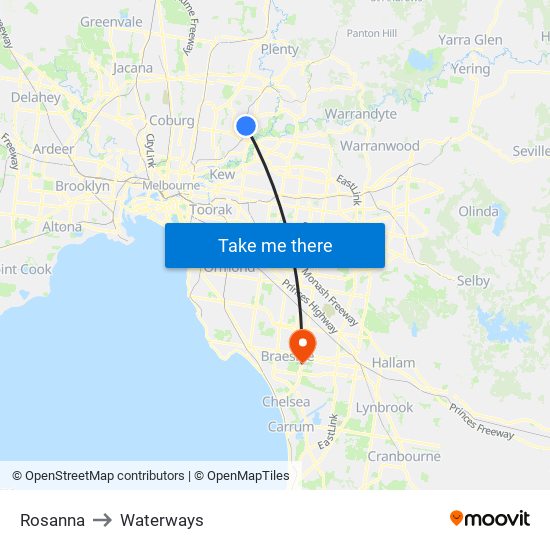 Rosanna to Waterways map