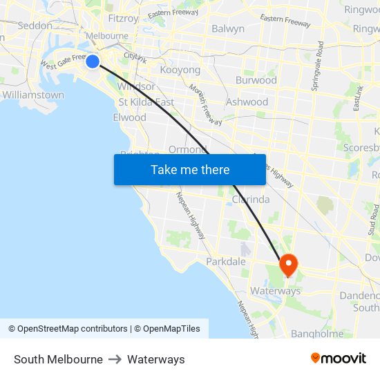 South Melbourne to Waterways map