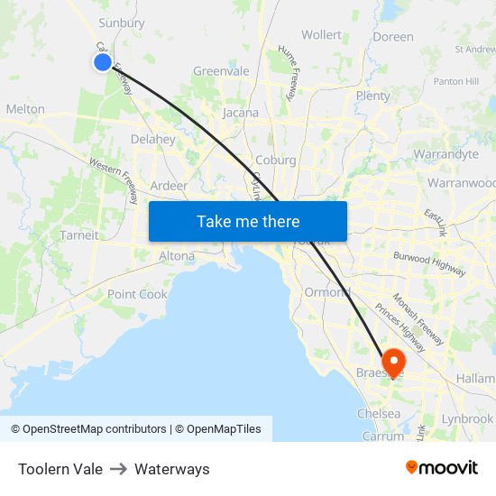 Toolern Vale to Waterways map